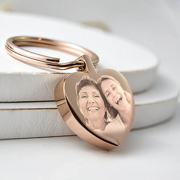 Personalised Rose Gold Heart Keyring – Double-Sided Photo Engraving