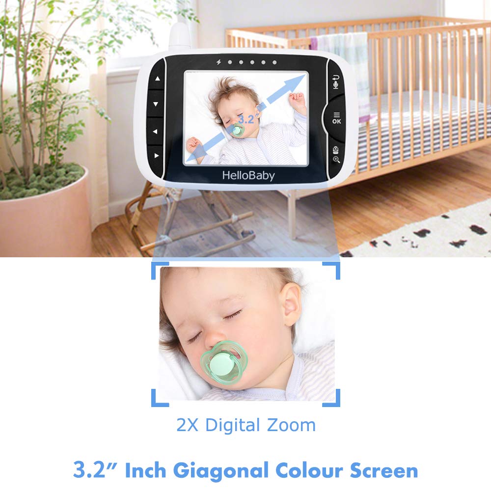 HelloBaby Video Baby Monitor with PTZ Camera — 3.2-Inch LCD, Night Vision, Temperature Display, Lullaby & Two-Way Audio