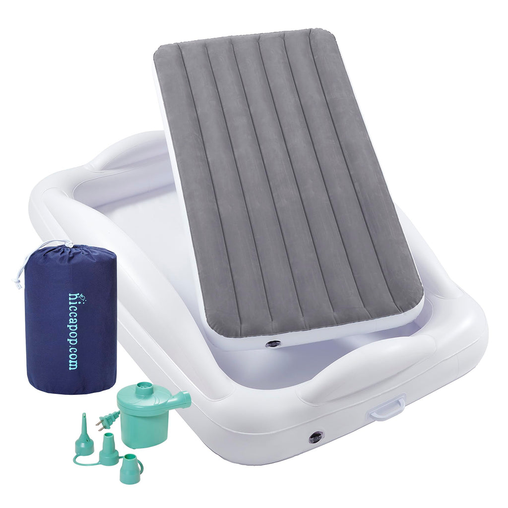 hiccapop Inflatable Toddler Travel Bed with 4-Sided Bumpers – Portable Grey