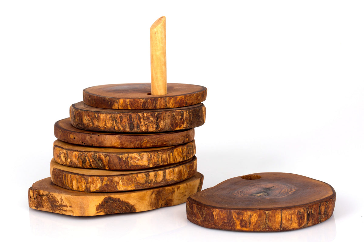 Handcrafted Olive Wood Coaster Set - Rustic Live Edge Drink Coasters with Holder