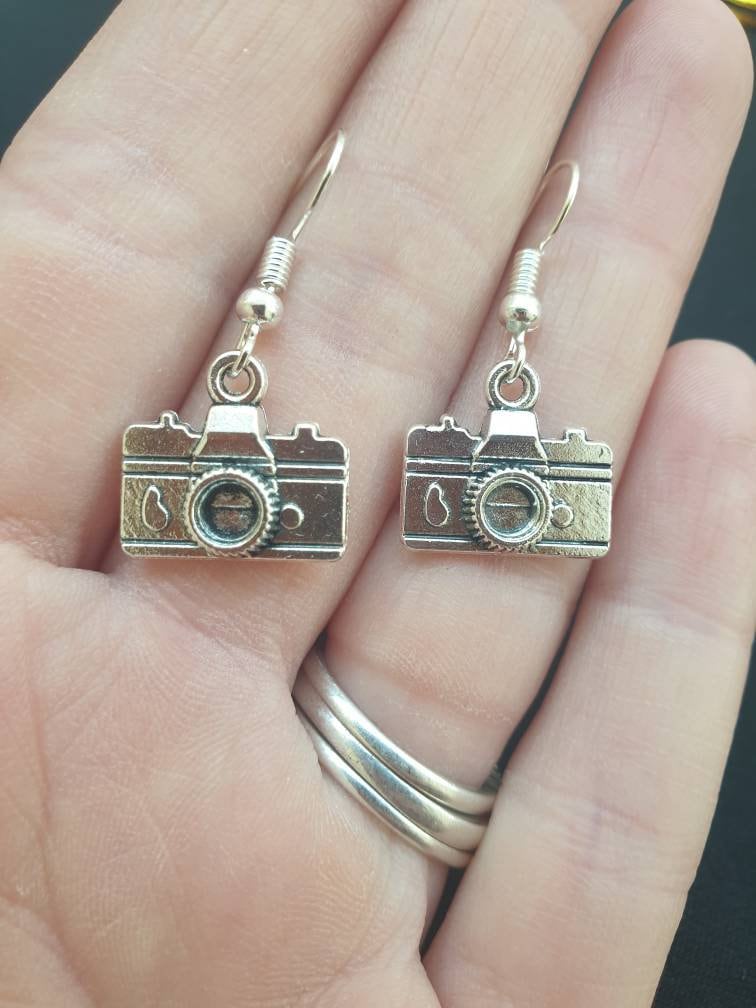 Camera Dangly Charm Earrings In Gift Bag, Traveller Gifts, Photography, Photographer