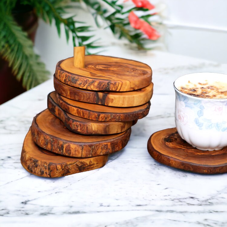 Handcrafted Olive Wood Coaster Set - Rustic Live Edge Drink Coasters with Holder