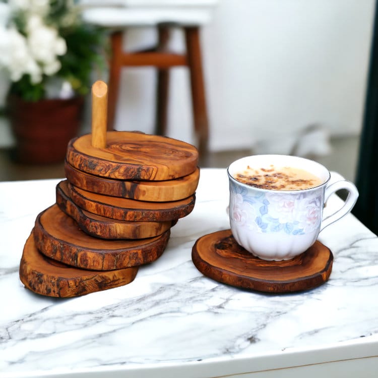 Handcrafted Olive Wood Coaster Set - Rustic Live Edge Drink Coasters with Holder