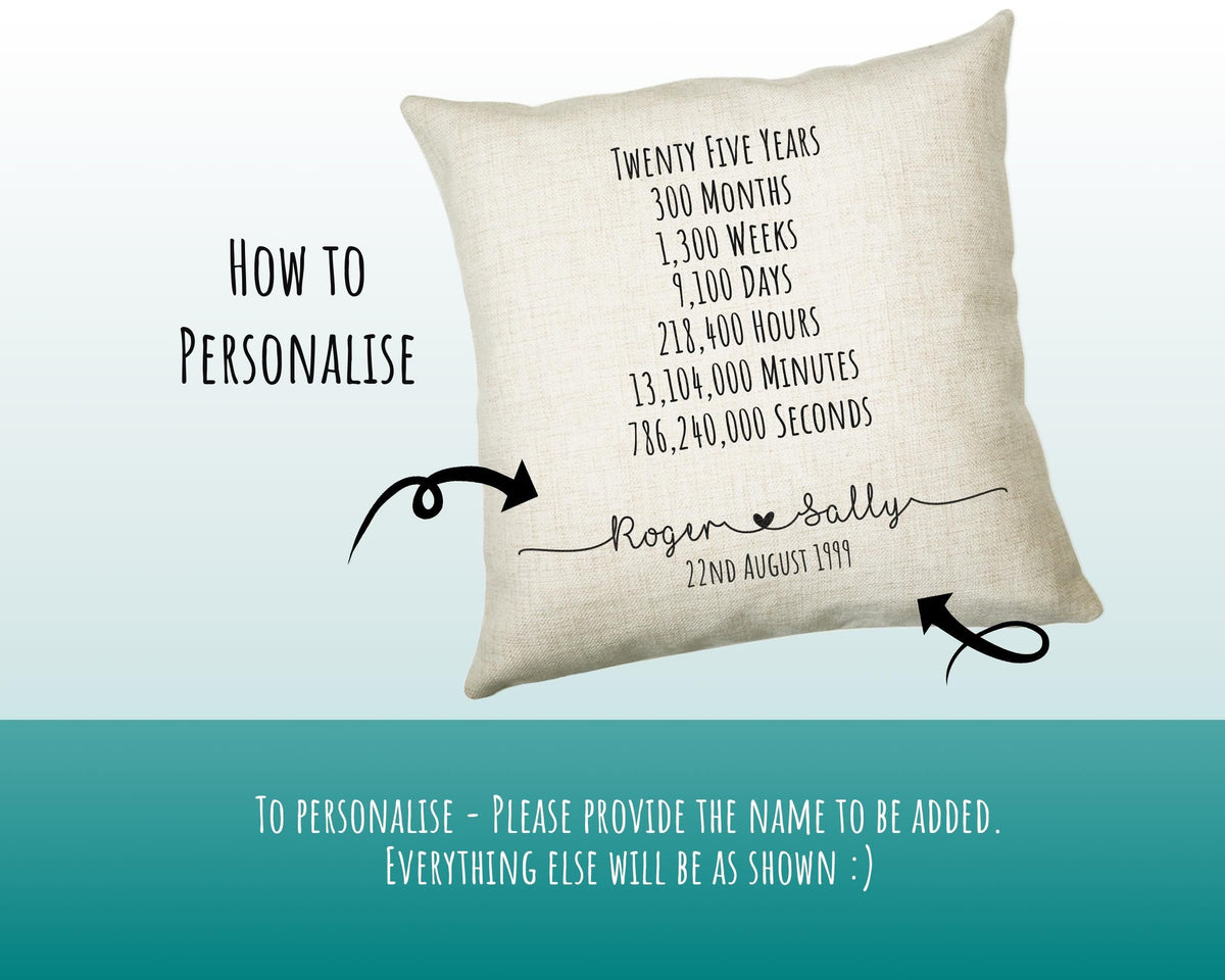 Personalised 25th Anniversary Cotton Gift Cushion Twenty Five Years Custom Design Gift Valentines Present Wedding Cushion Pillow Gift CS555