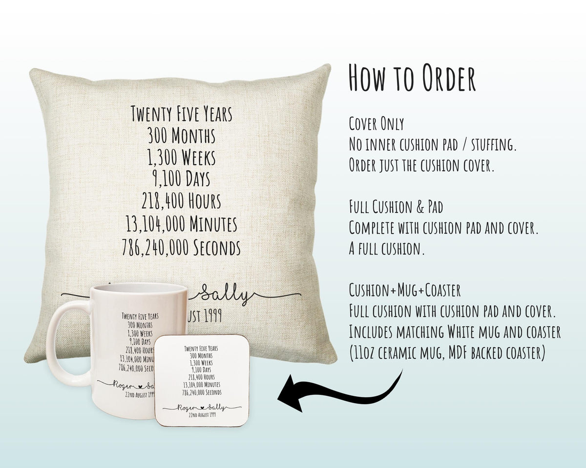 Personalised 25th Anniversary Cotton Gift Cushion Twenty Five Years Custom Design Gift Valentines Present Wedding Cushion Pillow Gift CS555