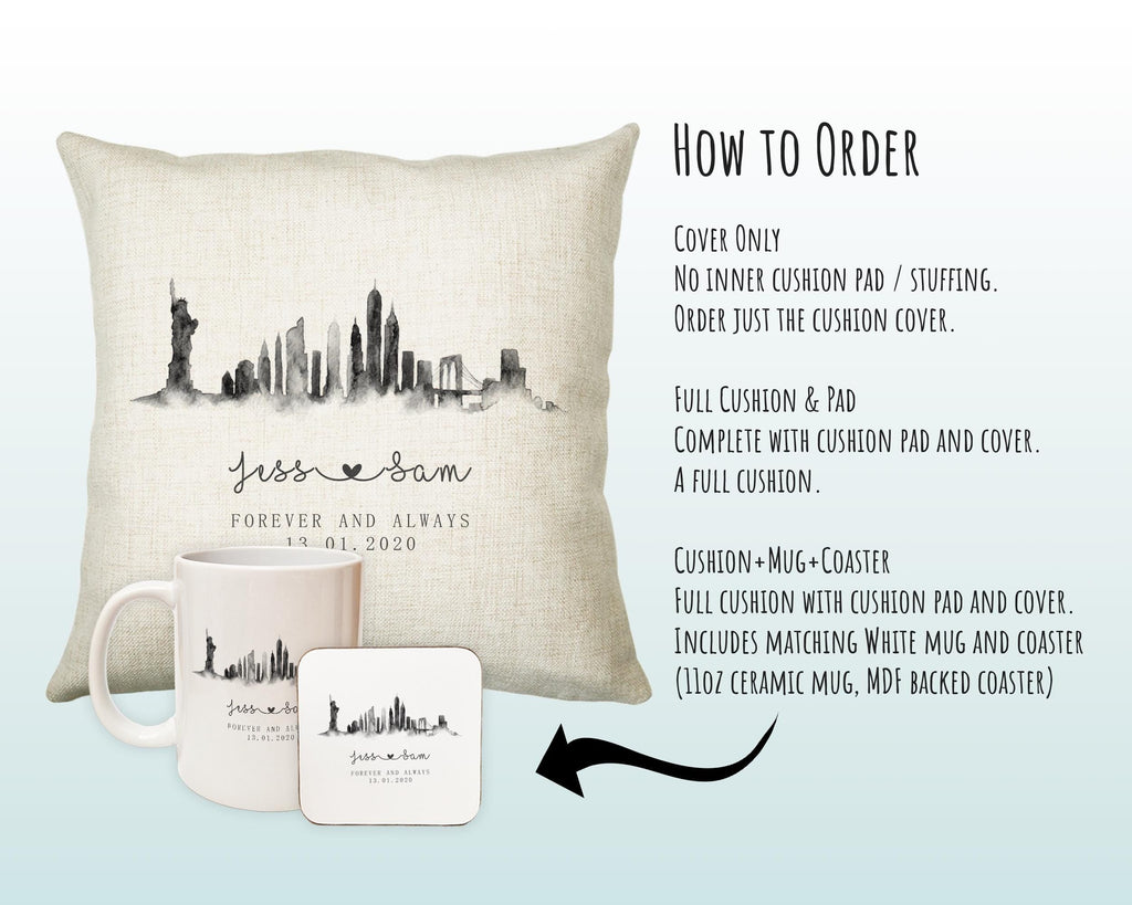 Personalised New York City Watercolour Anniversary Cushion Custom Design Gift Valentines Present - Wedding Cushion Pillow Gift CS259