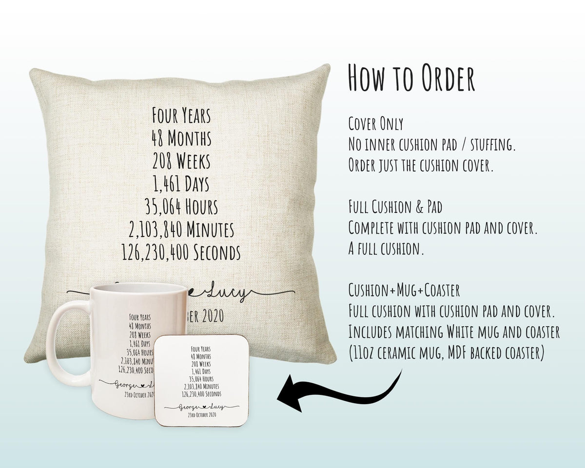 Personalised 4th Anniversary Cotton Gift Cushion Four Years Custom Design Gift Valentines Present - Wedding Cushion Pillow Gift CS469