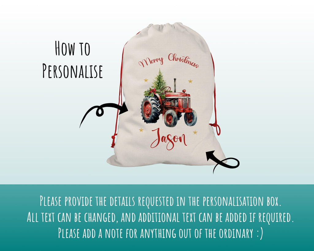 Personalised Christmas Sack - Santa Sack for Kids Presents Xmas Tree and Tractor Design Stocking Christmas Eve Bag for Girls & Boys XS062