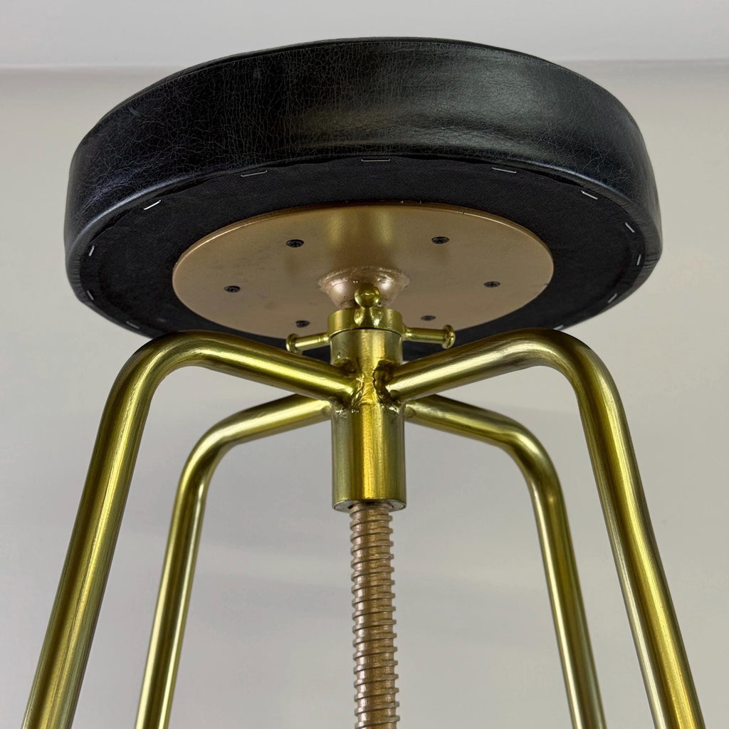 Antique Brass & Black Leather Adjustable Bar Stool