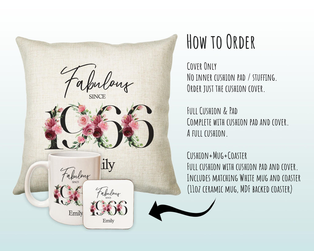 60th Birthday Gift for Women - Personalised 1966 Birthday Cushion Age 60 Gift for Her - Ladies Floral Age Design Mum Nan Gran Sixty BNC60C