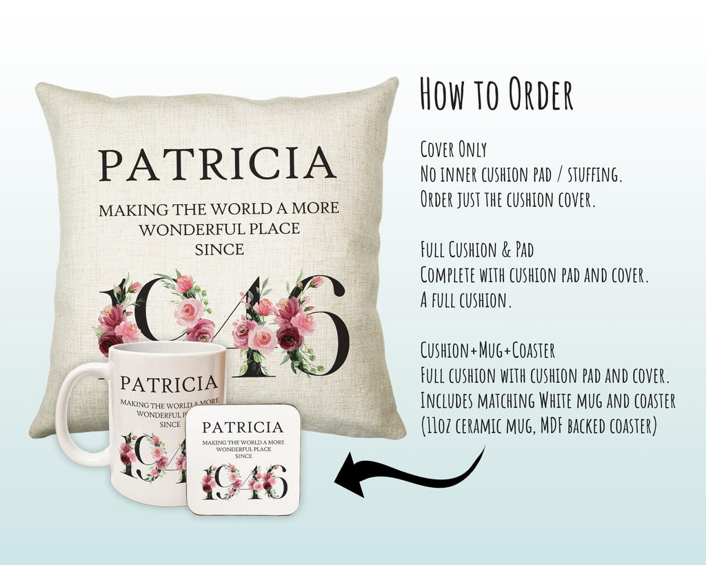 80th Birthday Gift for Women - Personalised 1946 Birthday Cushion Age 80 Gift for Her - Ladies Floral Age Design Mum Nan Gran Eighty BND80C
