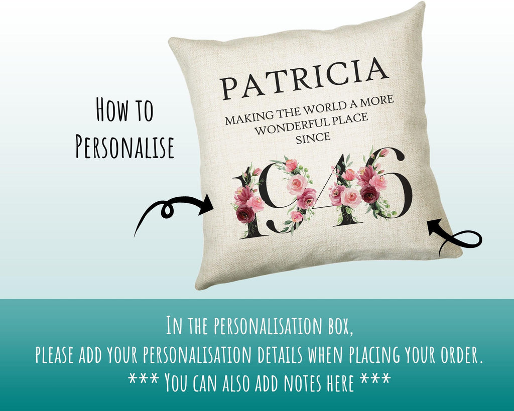 80th Birthday Gift for Women - Personalised 1946 Birthday Cushion Age 80 Gift for Her - Ladies Floral Age Design Mum Nan Gran Eighty BND80C