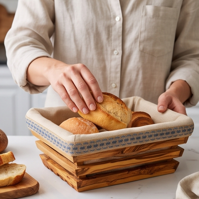 Handcrafted Olive Wood Bread Basket with Removable Fabric Liner | Rustic Tray
