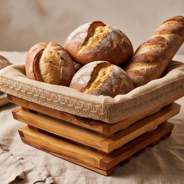 Handcrafted Olive Wood Bread Basket with Removable Fabric Liner | Rustic Tray