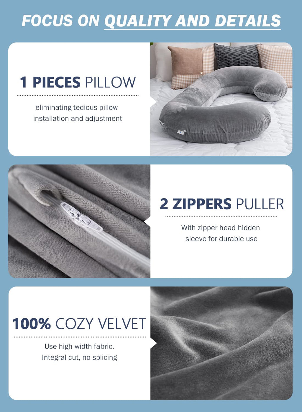 INSEN Pregnancy Pillow - C-Shaped Maternity Body Pillow with Velvet Cover (Grey)