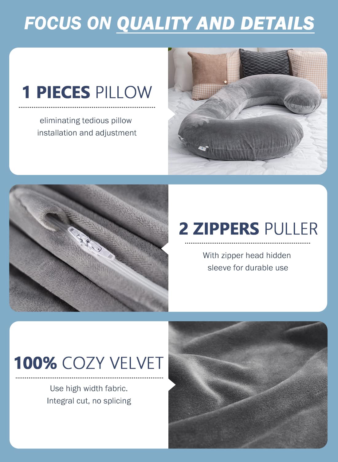 INSEN Pregnancy Pillow - C-Shaped Maternity Body Pillow with Velvet Cover (Grey)