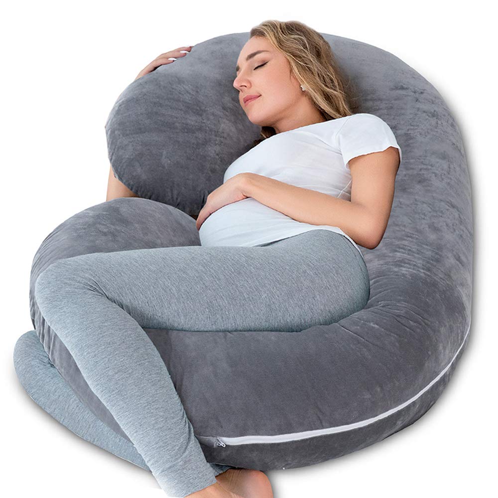 INSEN Pregnancy Pillow - C-Shaped Maternity Body Pillow with Velvet Cover (Grey)
