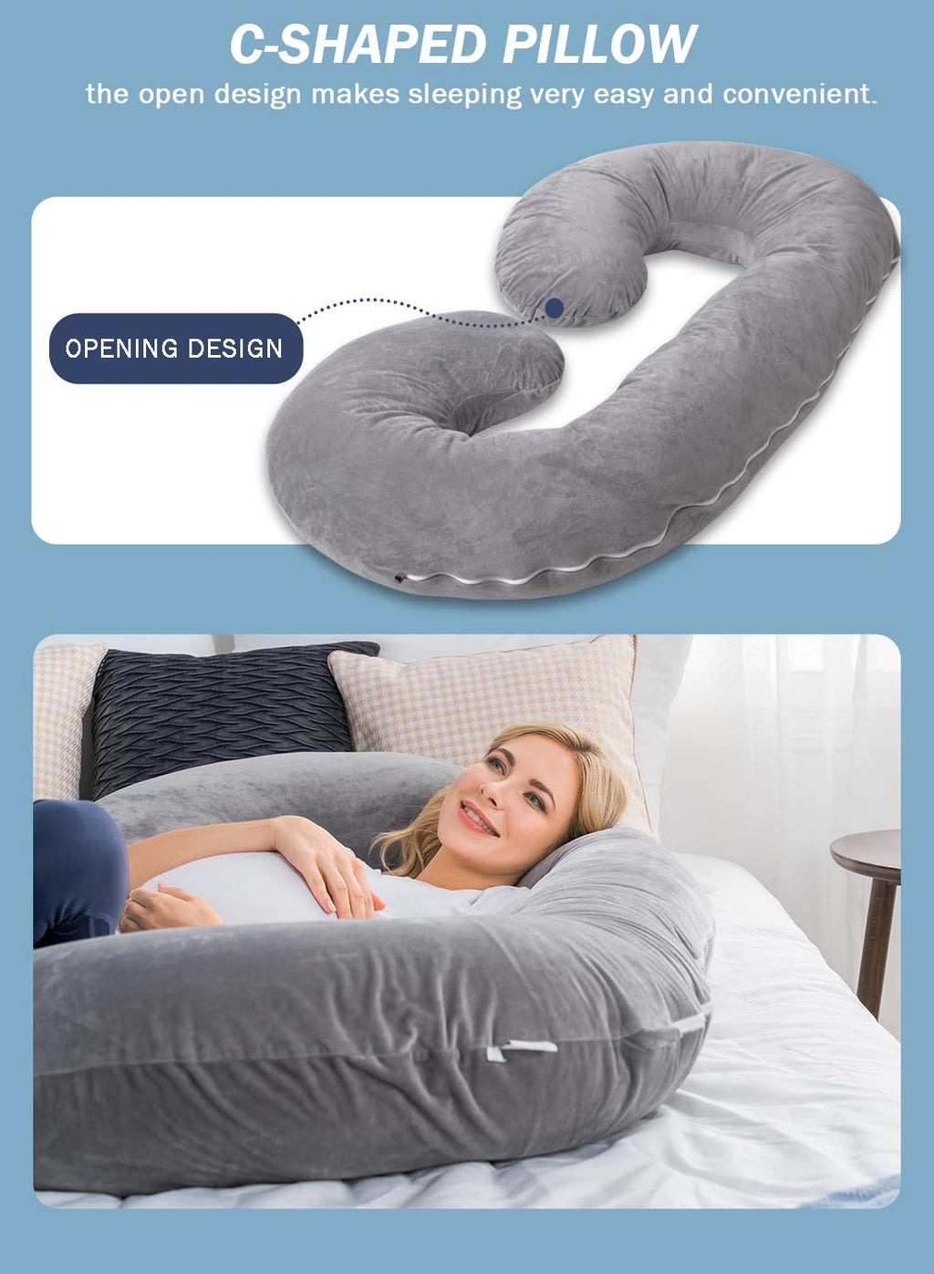 INSEN Pregnancy Pillow - C-Shaped Maternity Body Pillow with Velvet Cover (Grey)