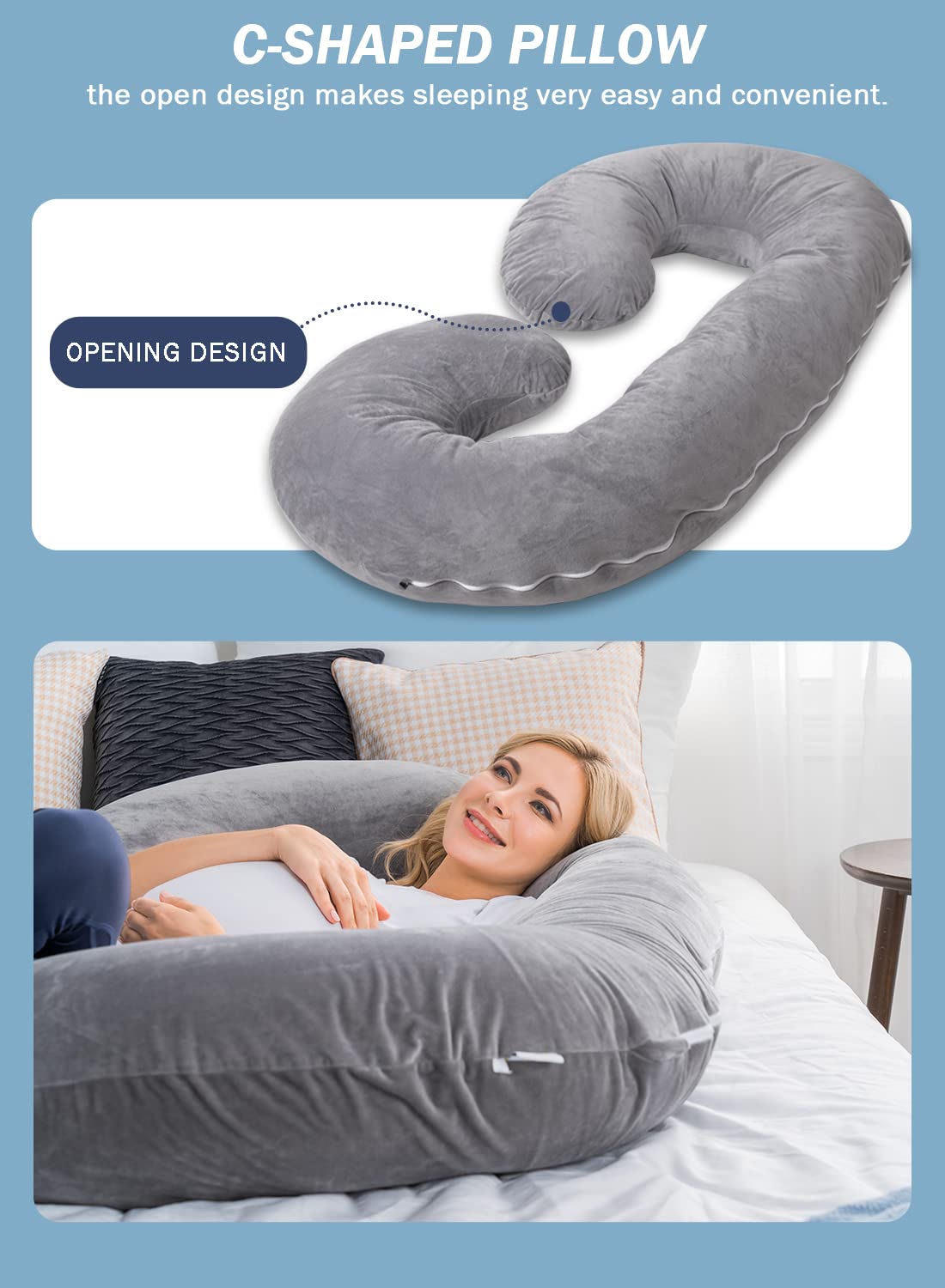 INSEN Pregnancy Pillow - C-Shaped Maternity Body Pillow with Velvet Cover (Grey)