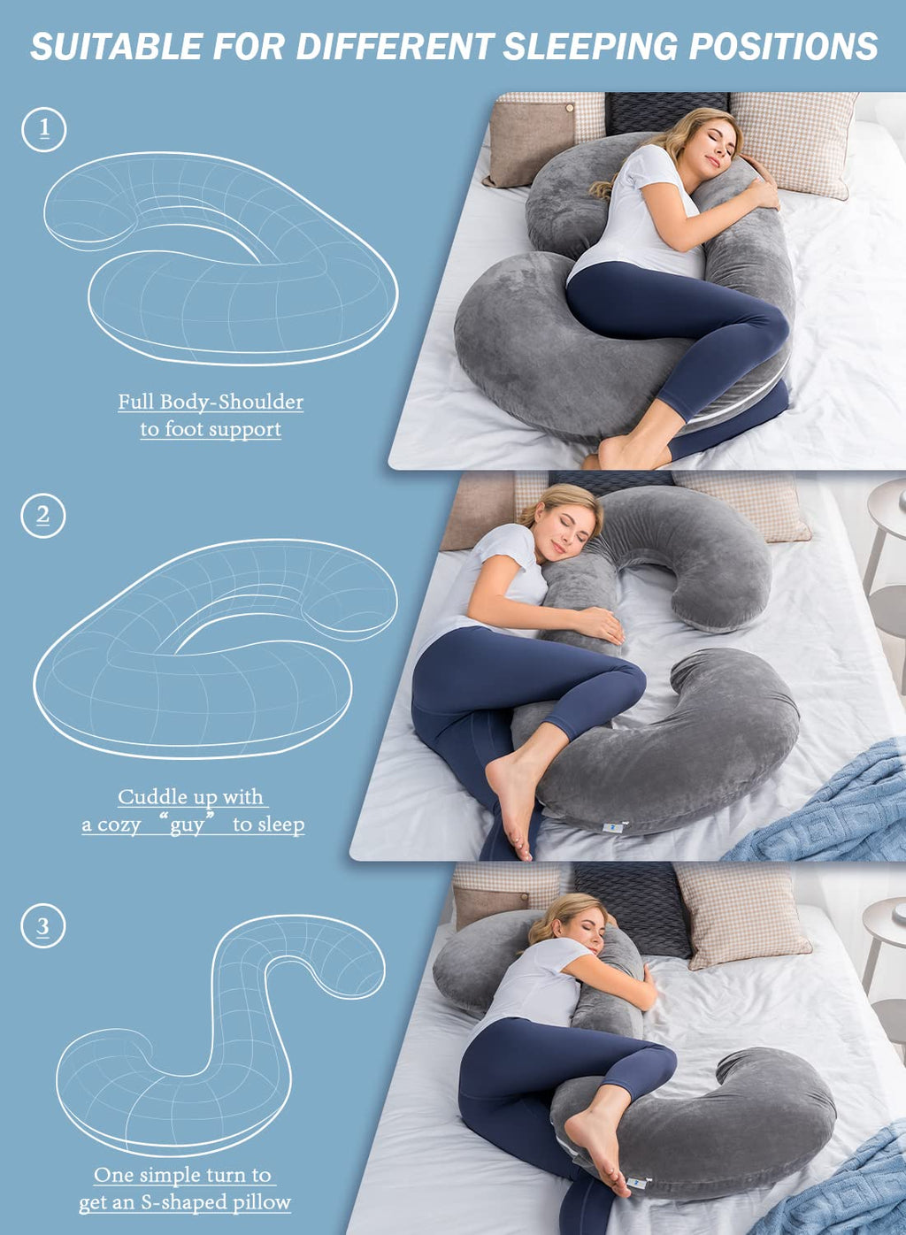 INSEN Pregnancy Pillow - C-Shaped Maternity Body Pillow with Velvet Cover (Grey)