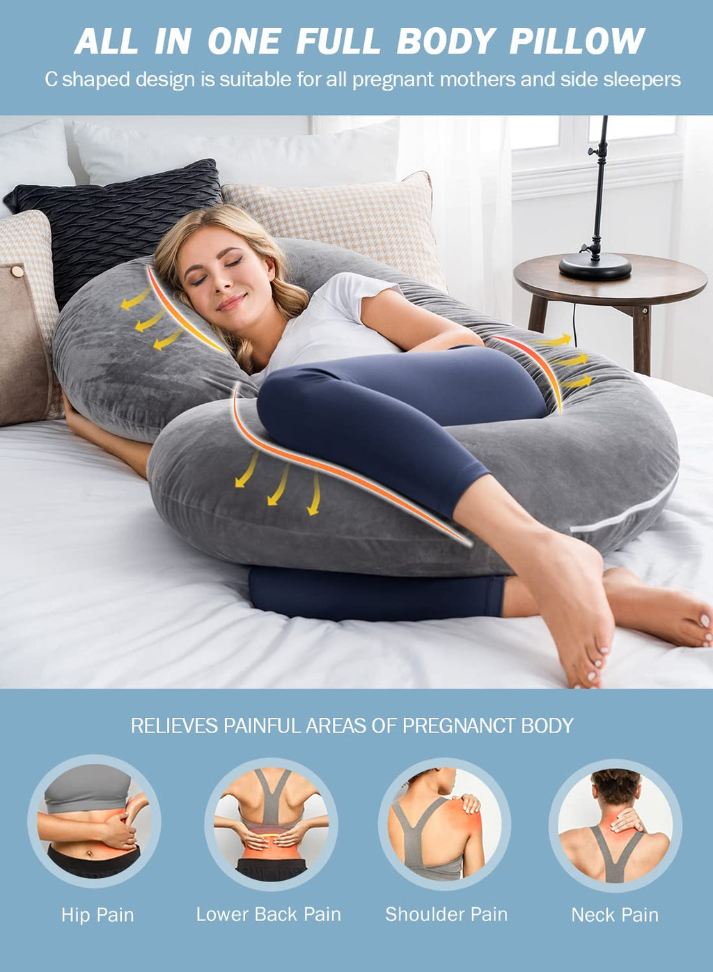 INSEN Pregnancy Pillow - C-Shaped Maternity Body Pillow with Velvet Cover (Grey)