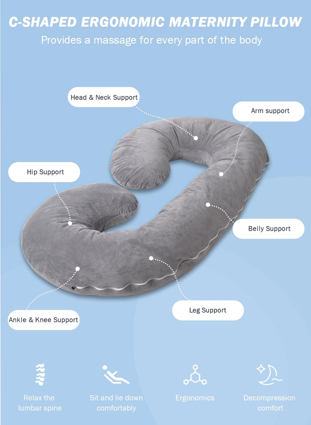 INSEN Pregnancy Pillow - C-Shaped Maternity Body Pillow with Velvet Cover (Grey)