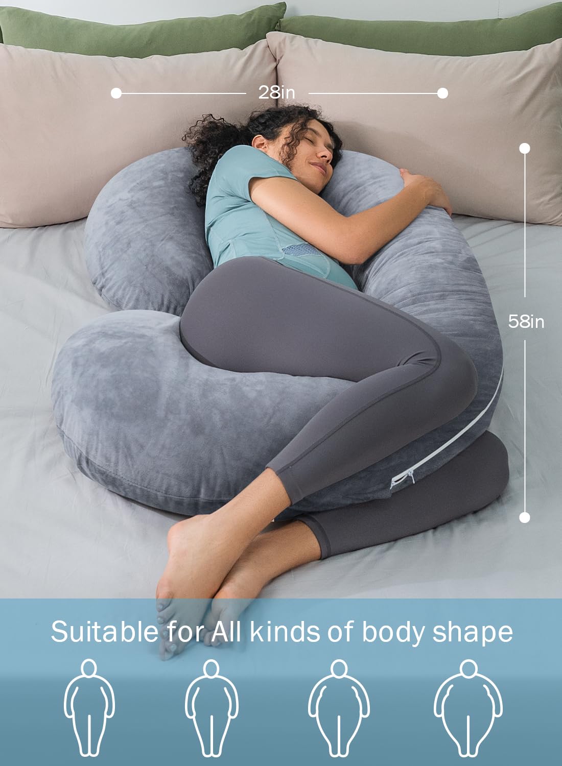 INSEN Pregnancy Pillow - C-Shaped Maternity Body Pillow with Velvet Cover (Grey)