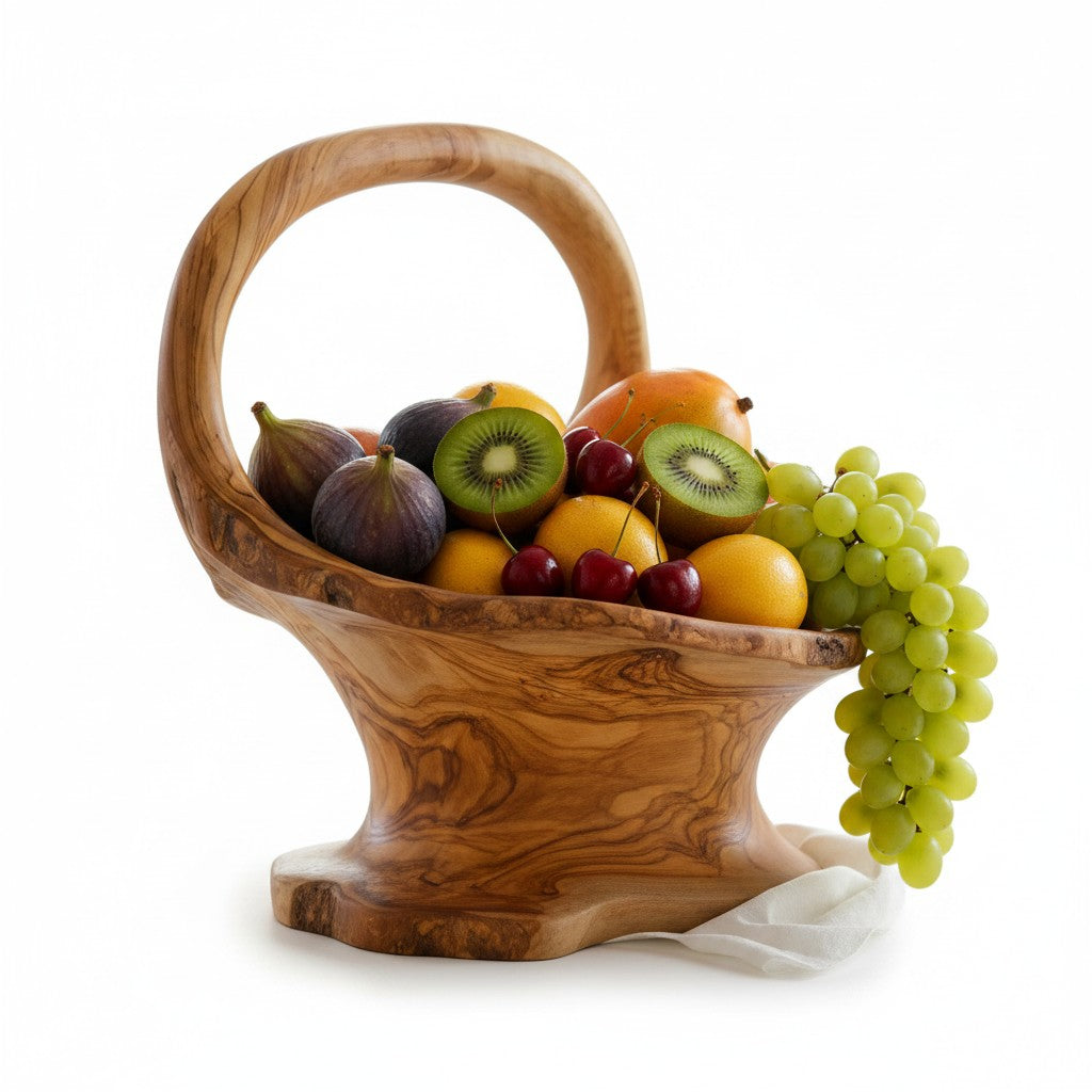 Handcrafted Olive Wood Pedestal Fruit Bowl, 36×20×35 cm