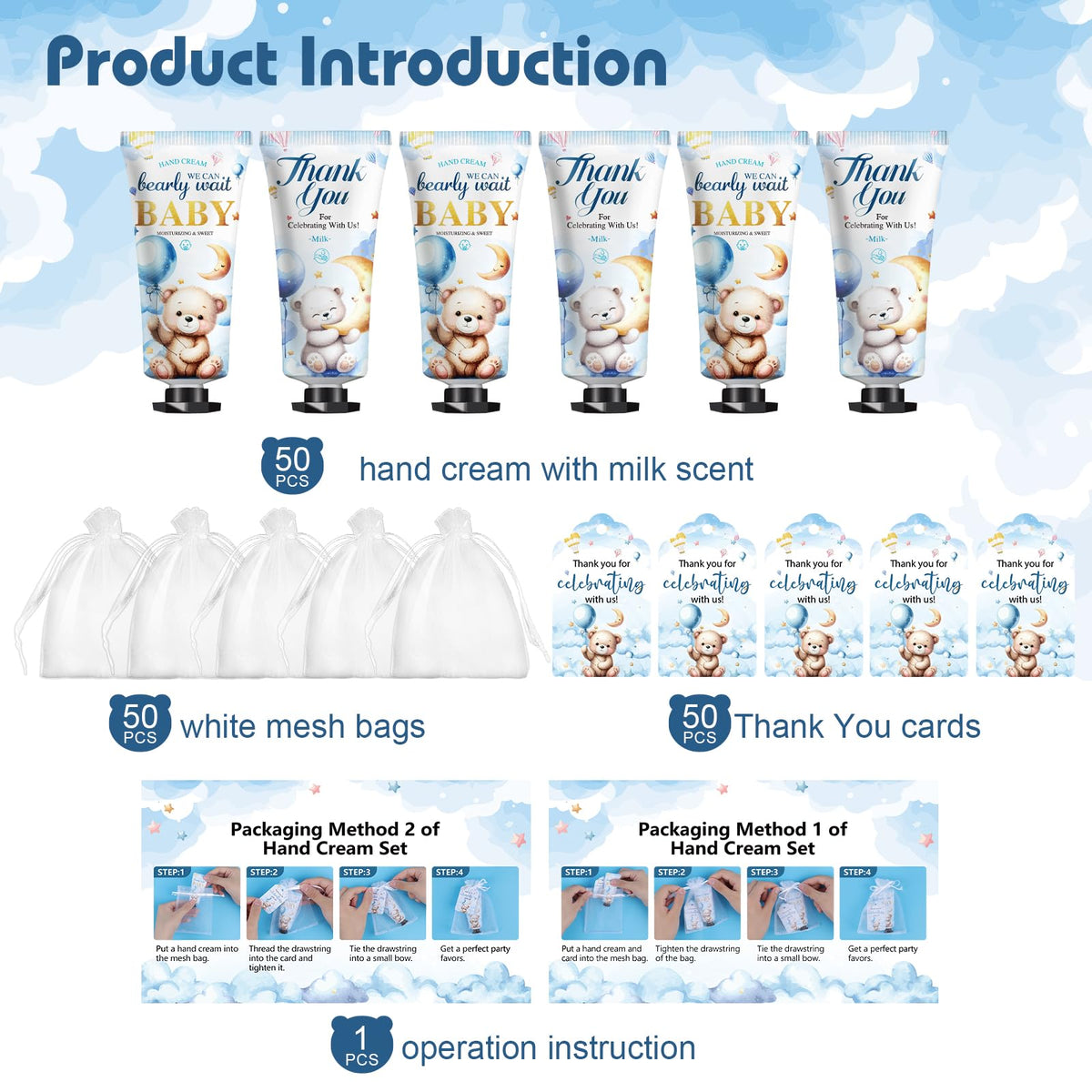 KONEUK 50-Pack Baby Shower Hand Cream Gifts Sets with Thank You Cards & Organza Bags | Bulk Favors for Guests