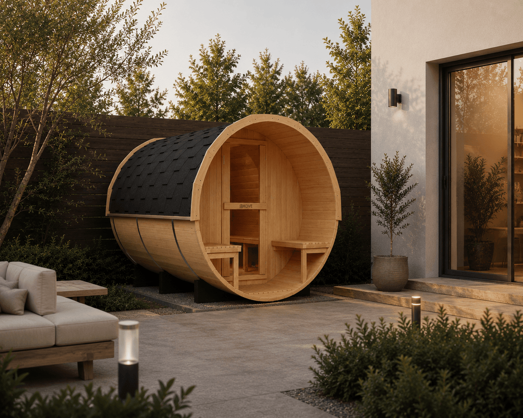 KOVE Outdoor Barrel Sauna – 4–6 Person Garden Sauna with 6kW Harvia Electric Heater