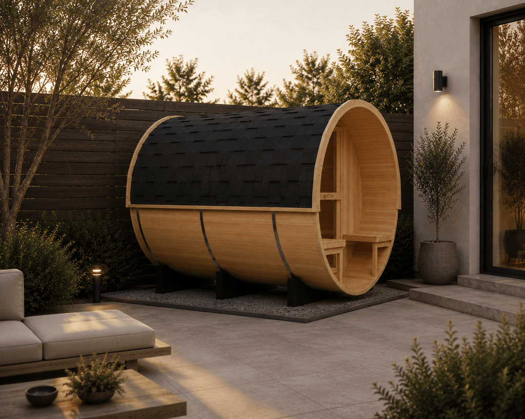 KOVE Outdoor Barrel Sauna – 4–6 Person Garden Sauna with 6kW Harvia Electric Heater