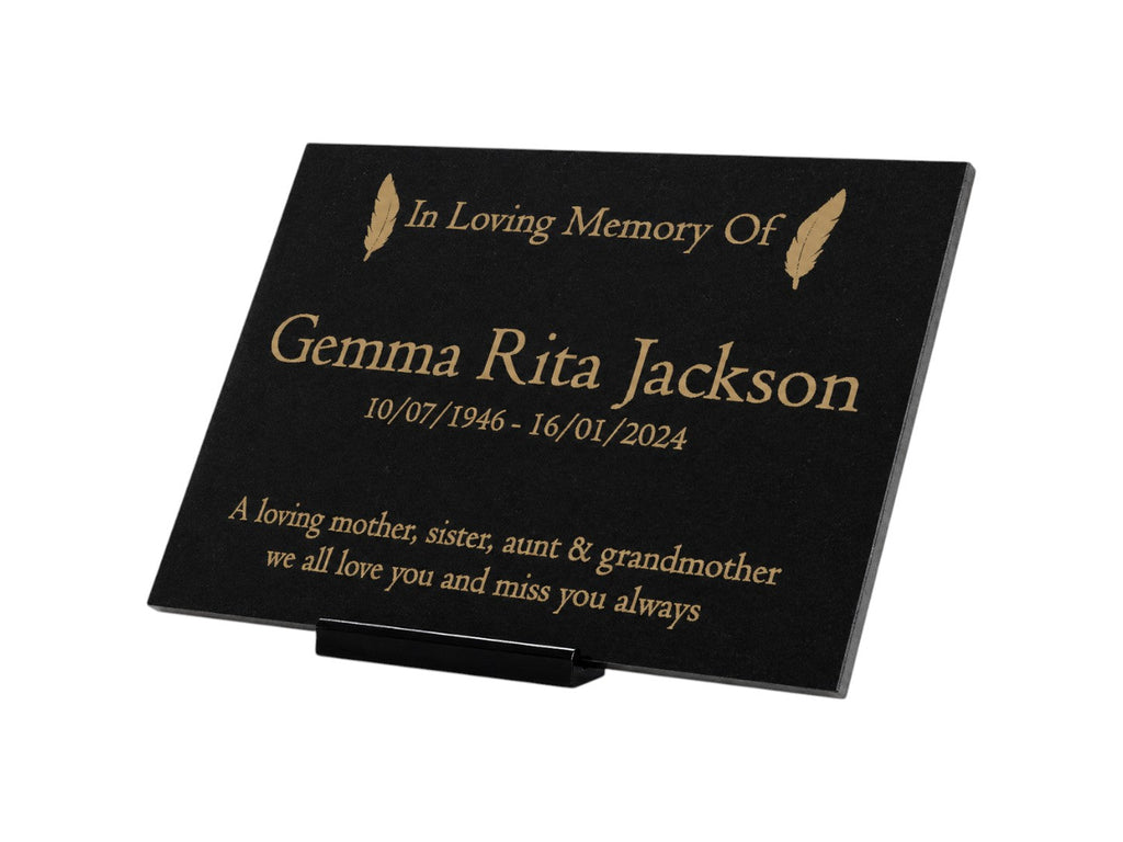 Granite Memorial Plaque, Feather Design, Personalised Engraved Tribute