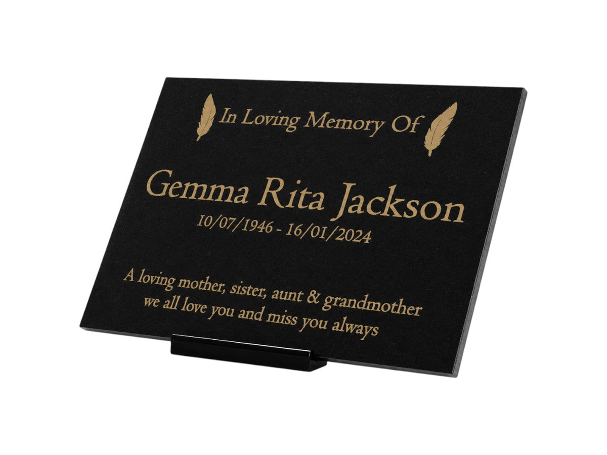 Granite Memorial Plaque, Feather Design, Personalised Engraved Tribute