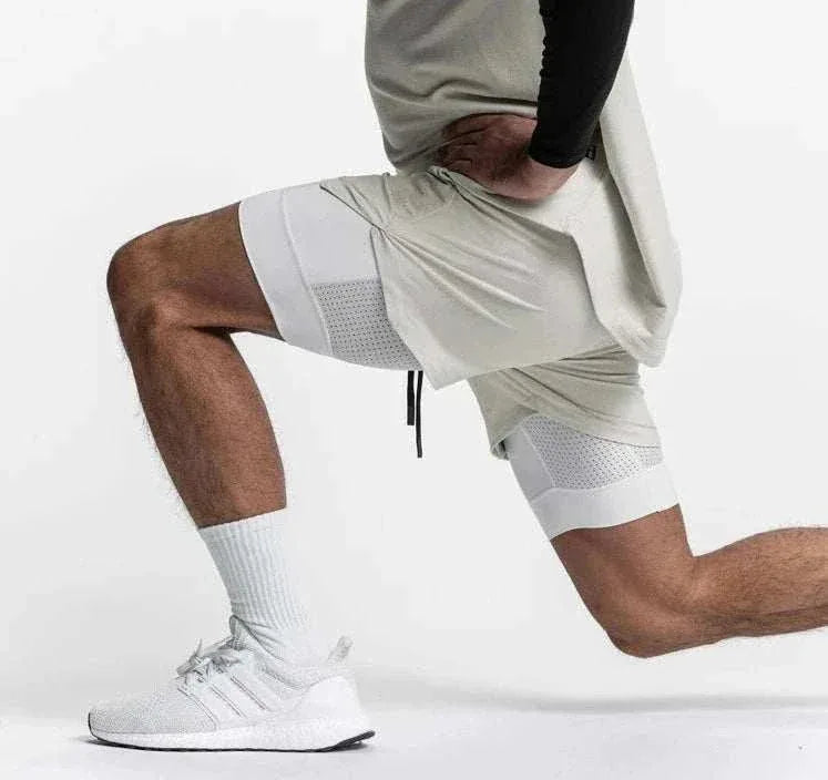 Men 2 in 1 Fitness Gym Shorts With Towel Loop Breathable Shorts