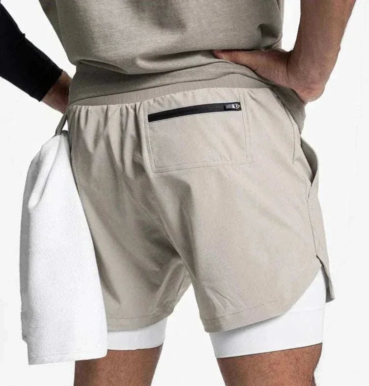 Men 2 in 1 Fitness Gym Shorts With Towel Loop Breathable Shorts