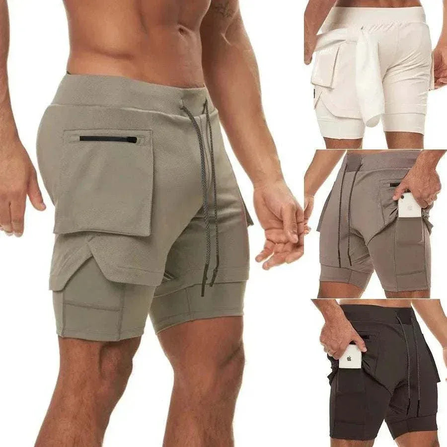Men 2 in 1 Running Training Joggers Gym Shorts With Phone Pocket