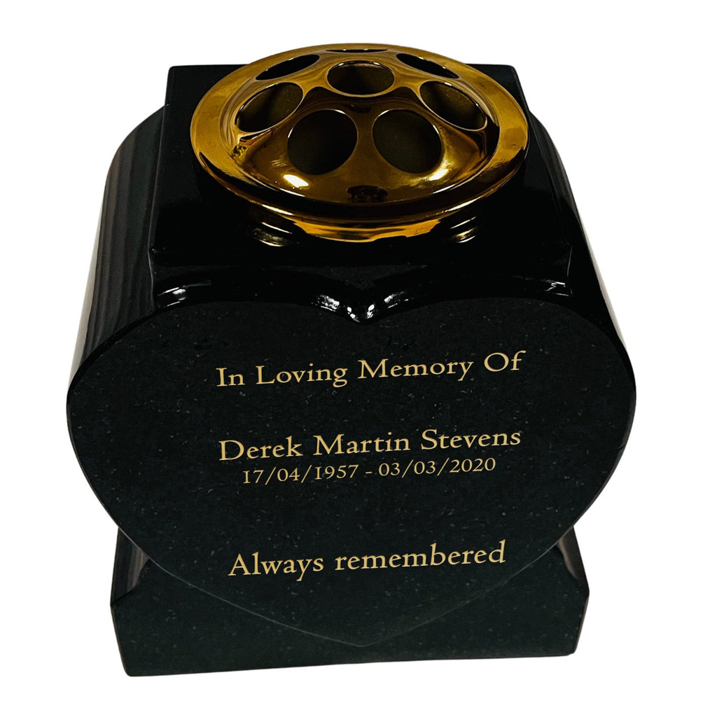 Granite Heart-Shaped Vase- Premium Black with Gold Metal Flower Pot Insert – 7x6x4.5 Inches