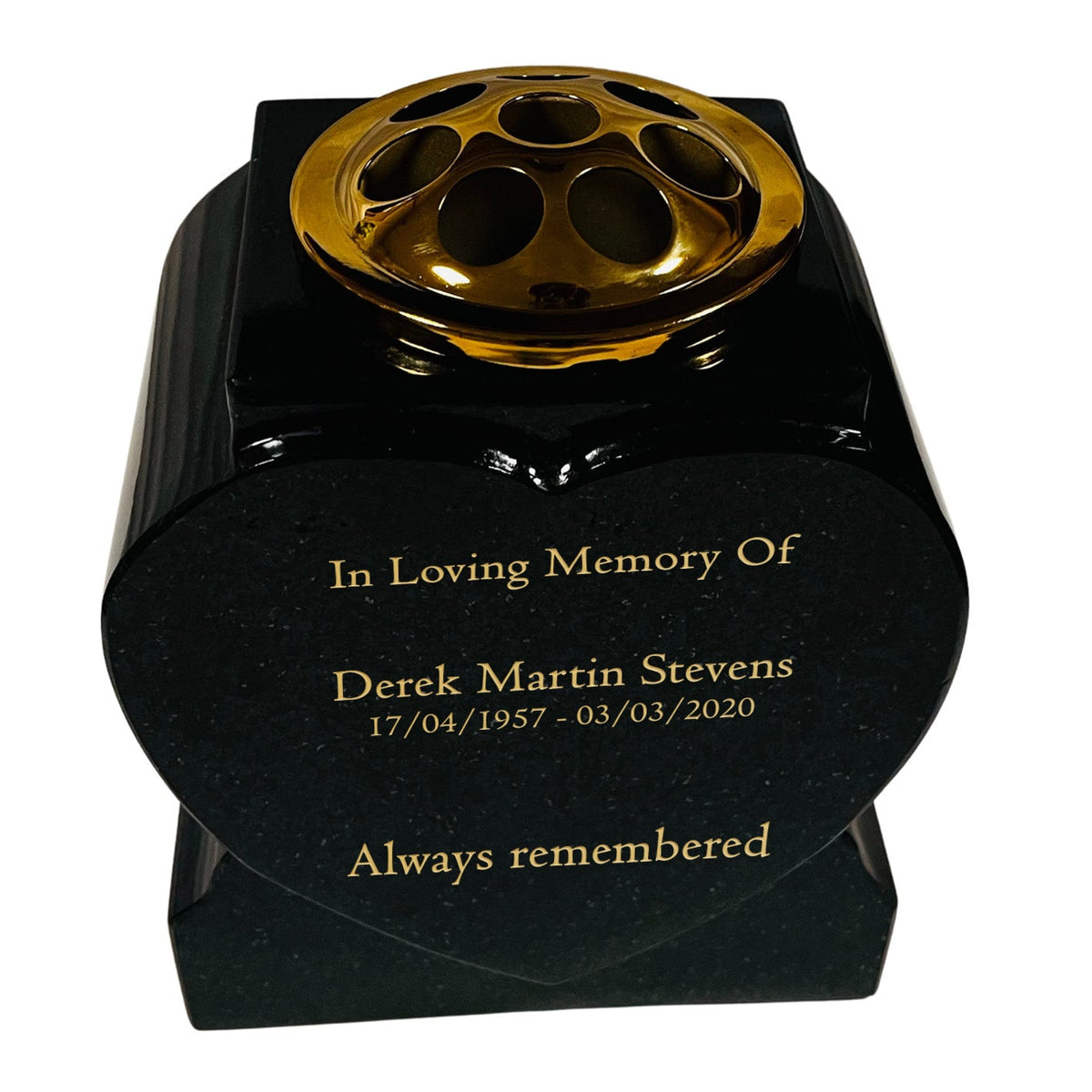Granite Heart-Shaped Vase- Premium Black with Gold Metal Flower Pot Insert – 7x6x4.5 Inches