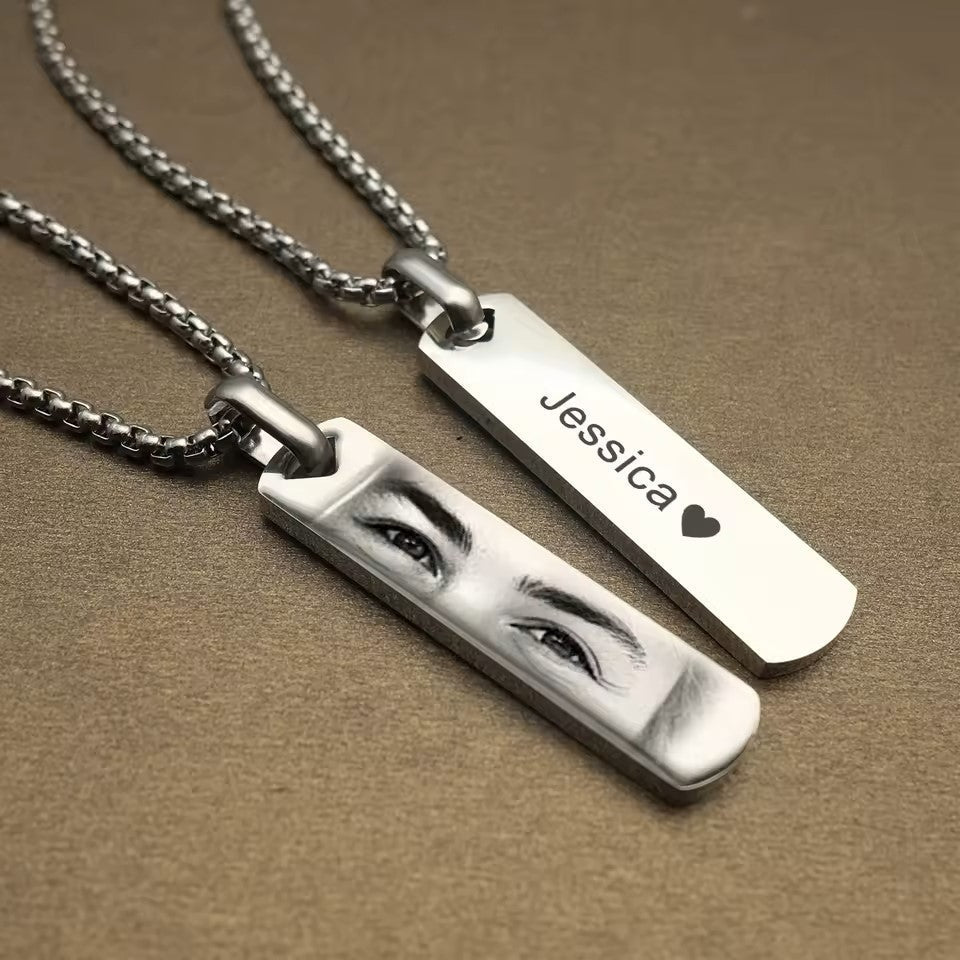 Personalised Eye Photo Necklace – Engraved Stainless Steel Pendant for Men