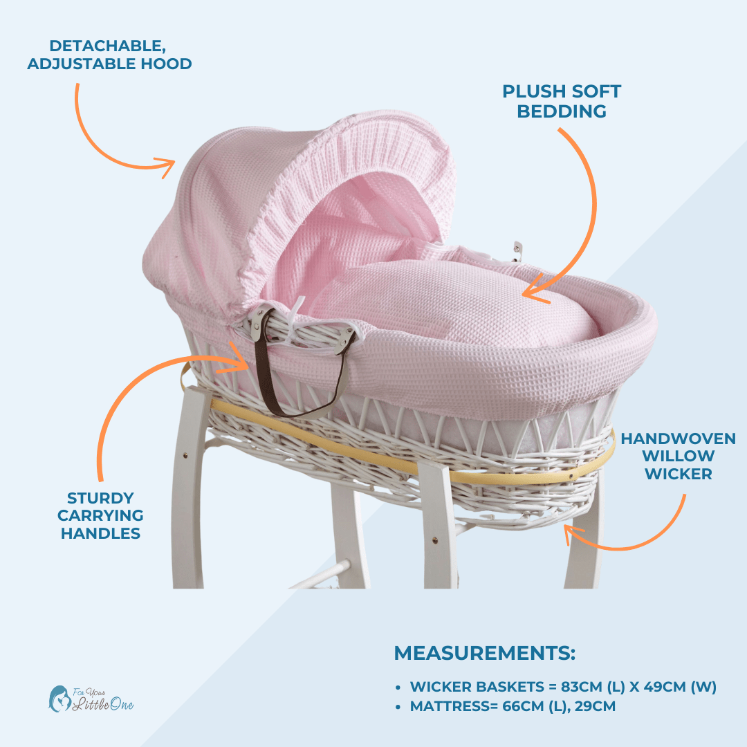 White Waffle White Wicker Baby Moses Basket With Stand