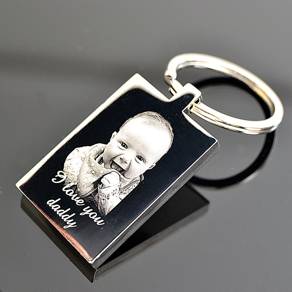 Personalised Rectangle Photo Keyring – Stainless Steel Photo & Text Engraving