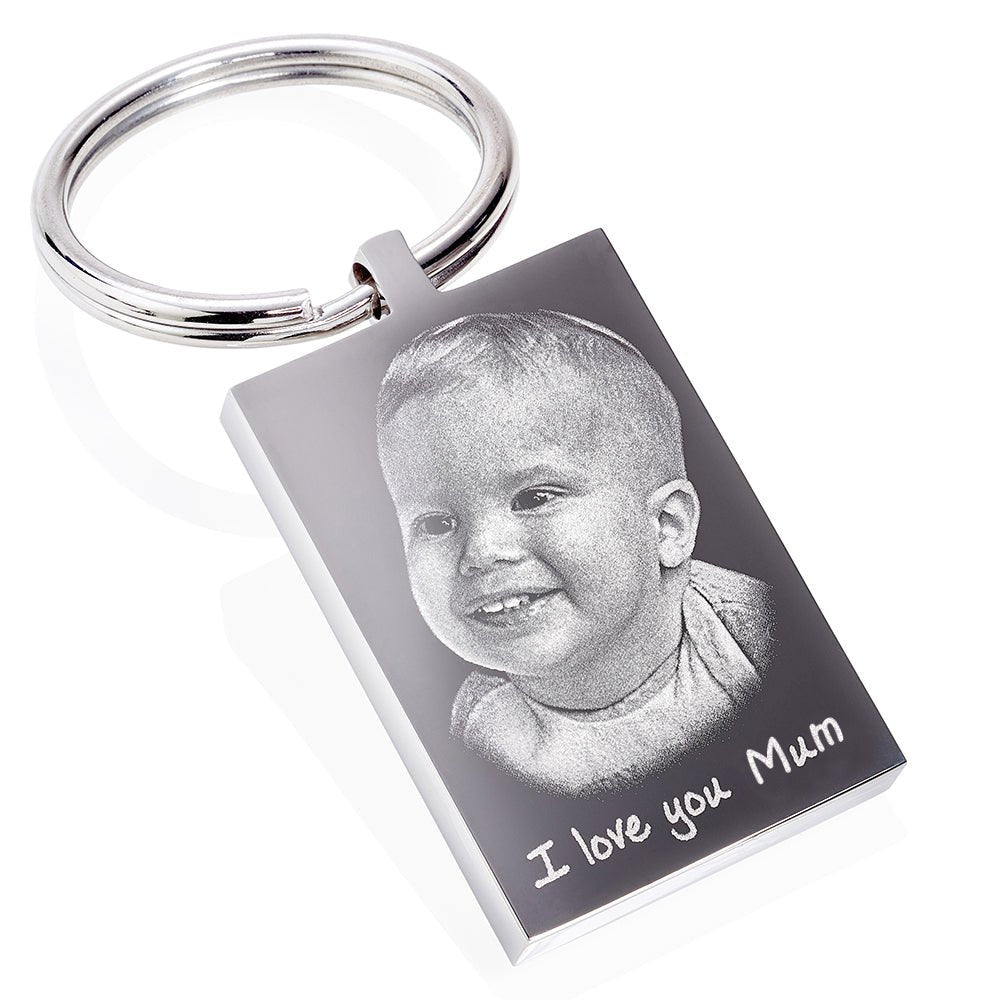Personalised Rectangle Photo Keyring – Stainless Steel Photo & Text Engraving