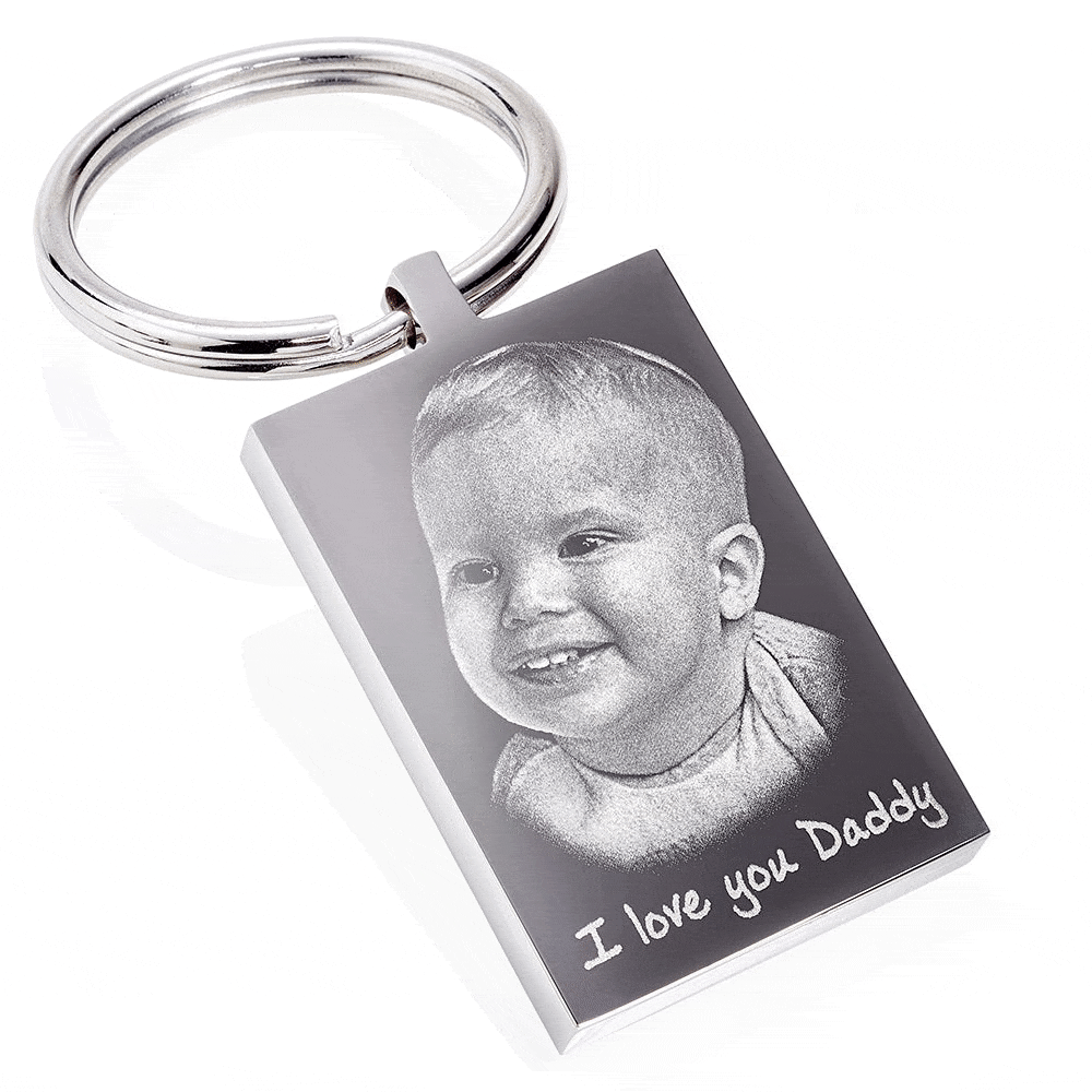 Personalised Rectangle Photo Keyring – Stainless Steel Photo & Text Engraving