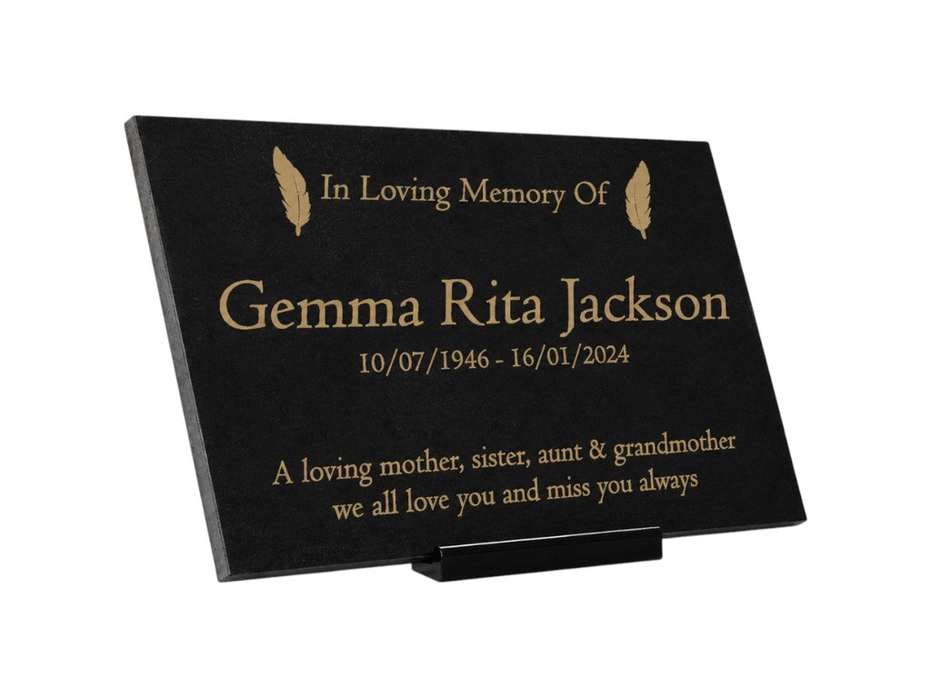 Granite Memorial Plaque, Feather Design, Personalised Engraved Tribute