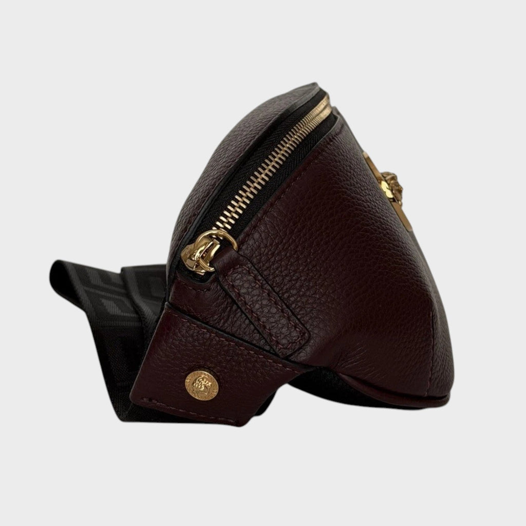 Medusa Head Grainy Calf Leather Belt Bag Burgundy Black
