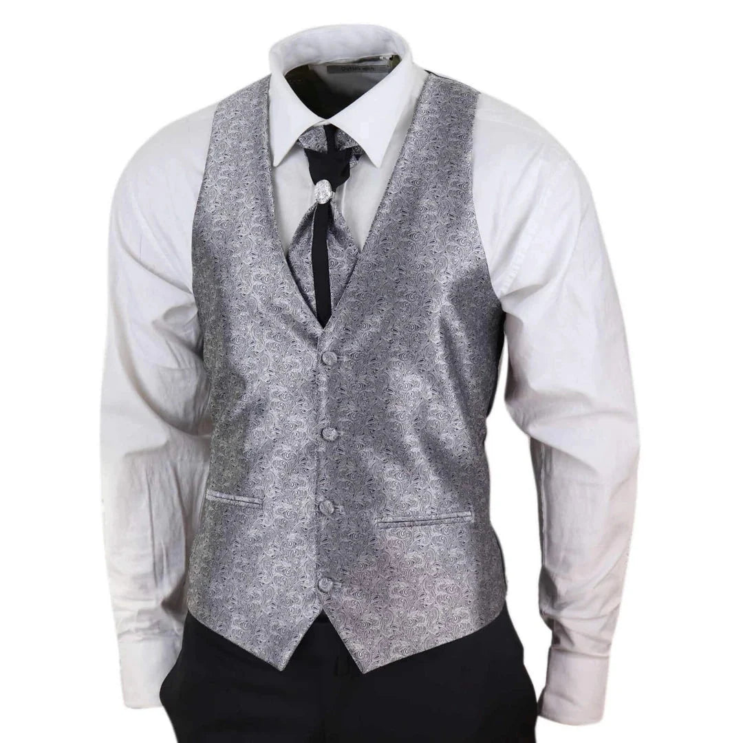 Sal-Yaica - Men's 4 Piece Wedding Suit Groom Shawl Collar Black Silver Cravat