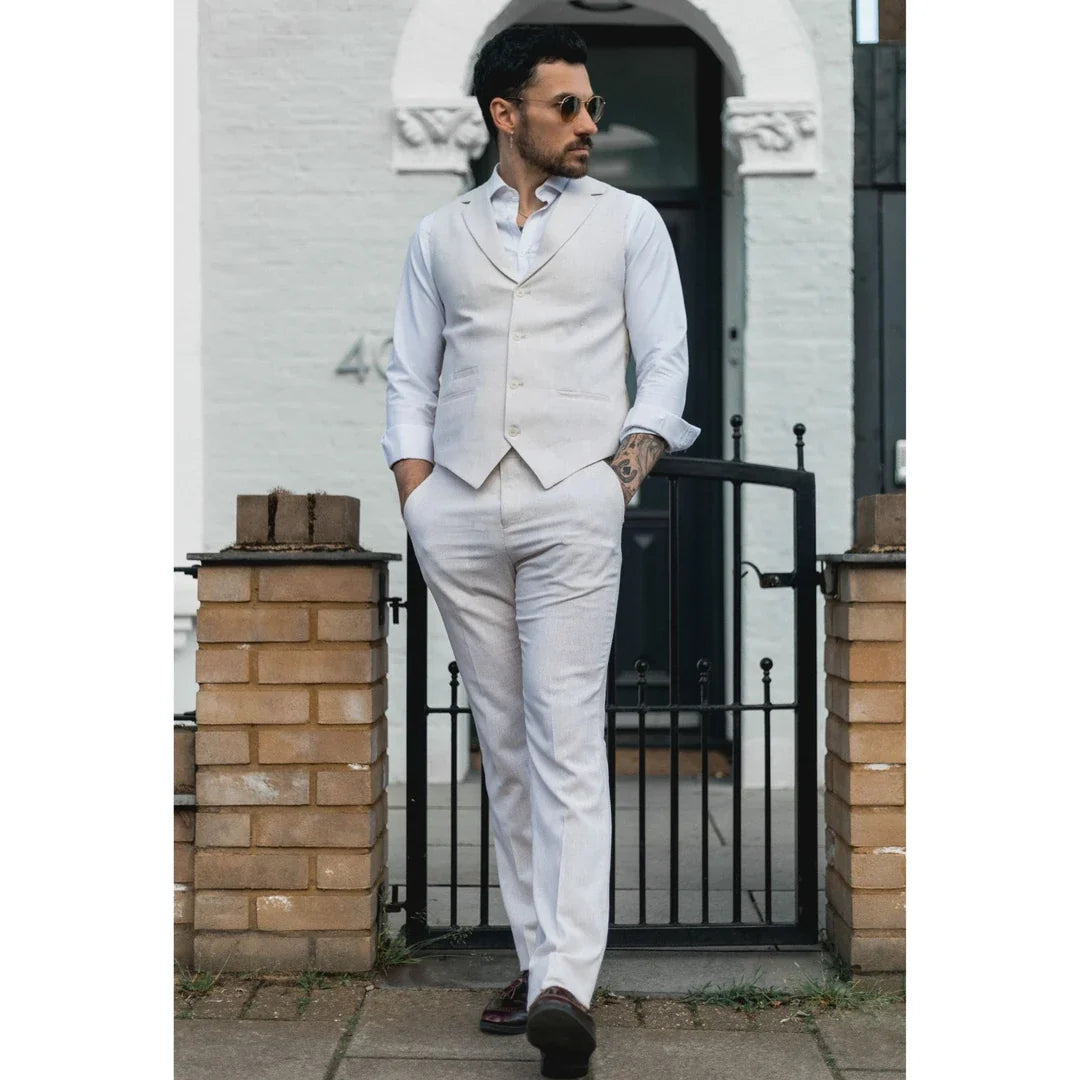 TP-10 - Men's Summer Suit Waistcoat Trousers Linen Formal Cream Beige Wedding