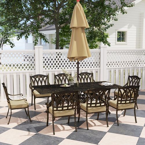 Outsunny 9 Pieces Cast Aluminium Garden Dining Set with Parasol Hole, Bronze
