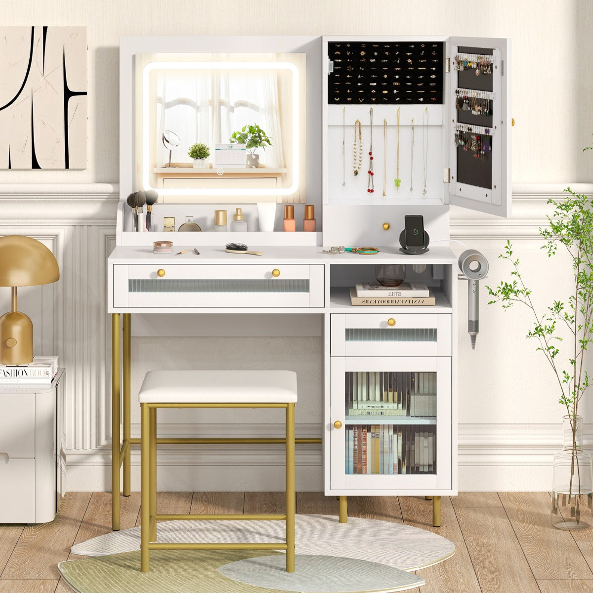 Vanity Set with 2 Fluted Glass Drawers and 1 Ordinary Drawer-White